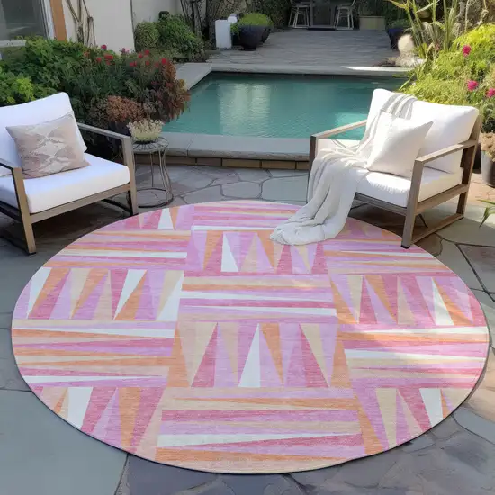 8' Blush Ivory And Orange Round Geometric Washable Indoor Outdoor Area Rug Photo 7