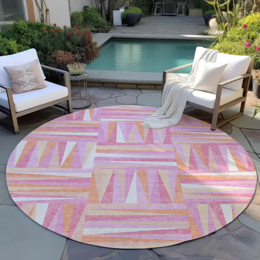 8' Blush Ivory And Orange Round Geometric Washable Indoor Outdoor Area Rug Photo 7
