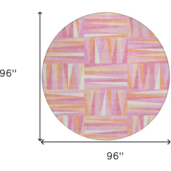 8' Blush Ivory And Orange Round Geometric Washable Indoor Outdoor Area Rug Photo 3
