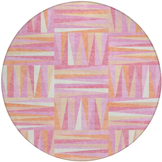 8' Blush Ivory And Orange Round Geometric Washable Indoor Outdoor Area Rug Photo 2