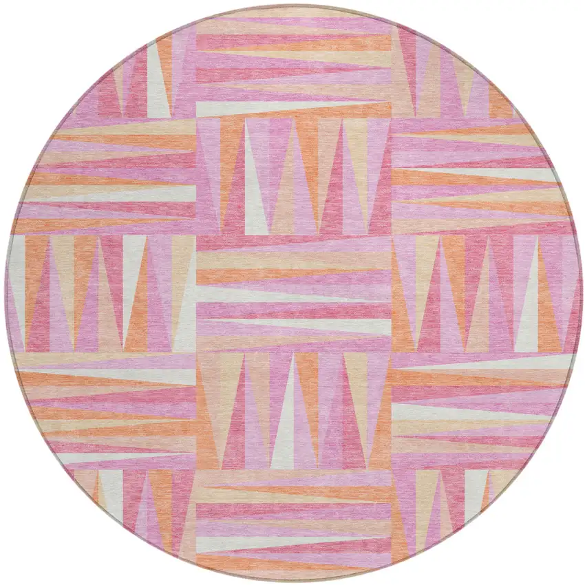 8' Blush Ivory And Orange Round Geometric Washable Indoor Outdoor Area Rug Photo 2