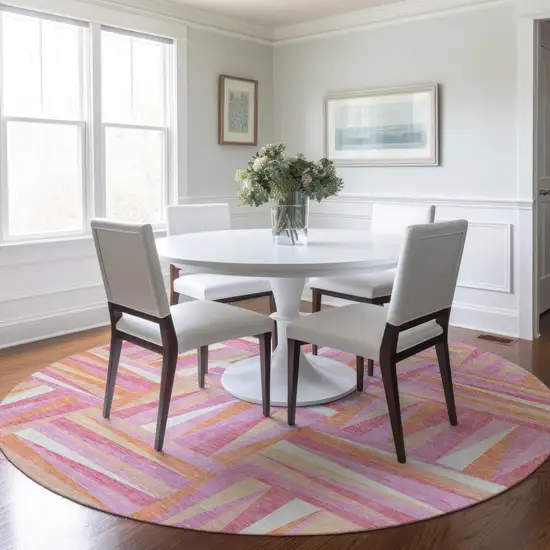 8' Blush Ivory And Orange Round Geometric Washable Indoor Outdoor Area Rug Photo 8