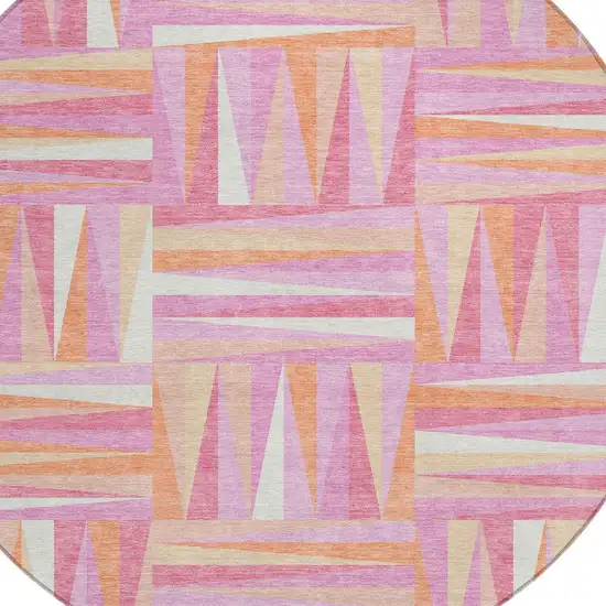 8' Blush Ivory And Orange Round Geometric Washable Indoor Outdoor Area Rug Photo 4