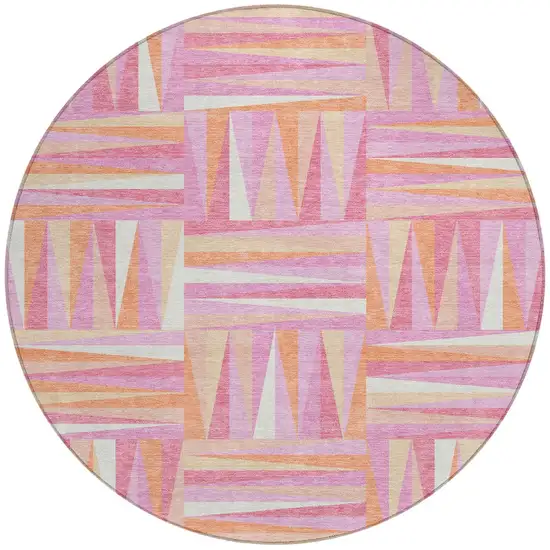 8' Blush Ivory And Orange Round Geometric Washable Indoor Outdoor Area Rug Photo 6