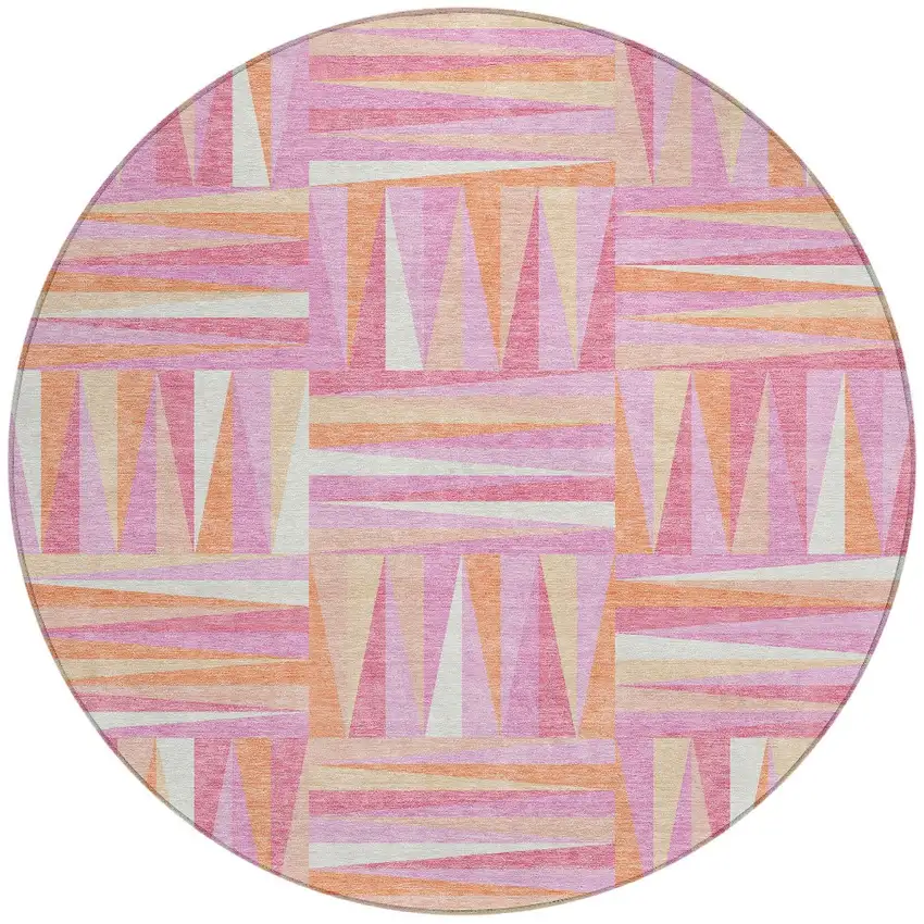 8' Blush Ivory And Orange Round Geometric Washable Indoor Outdoor Area Rug Photo 6