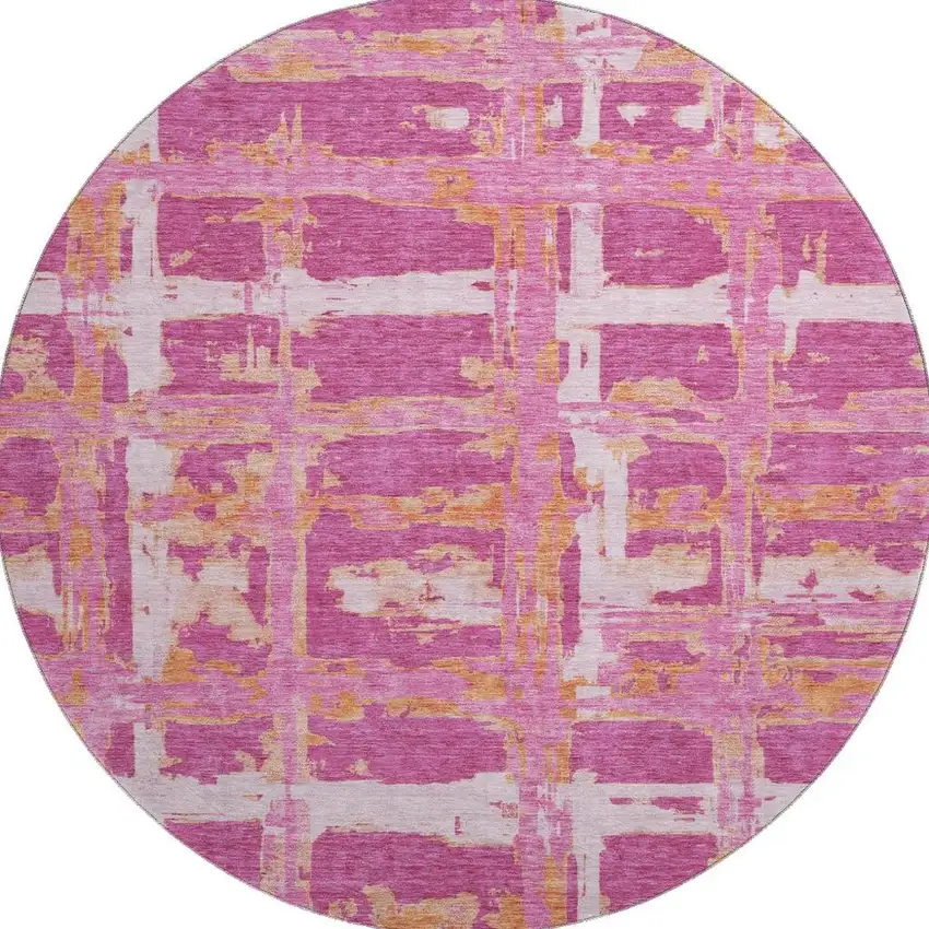 8' Blush Ivory And Orange Striped Washable Round Rug With UV Protection Photo 3
