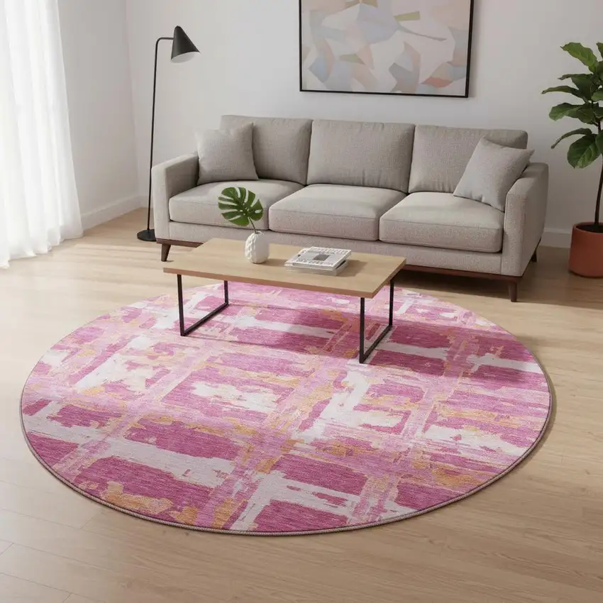 8' Blush Ivory And Orange Striped Washable Round Rug With UV Protection Photo 2