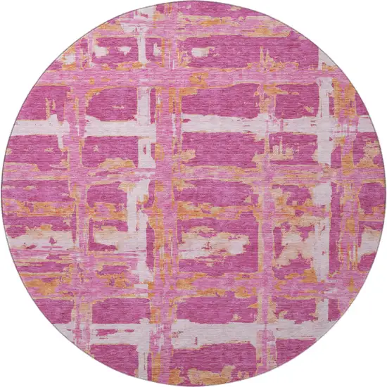 8' Blush Ivory And Orange Striped Washable Round Rug With UV Protection Photo 4