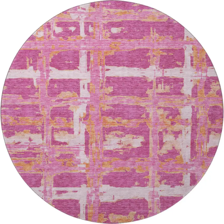 8' Blush Ivory And Orange Striped Washable Round Rug With UV Protection Photo 4