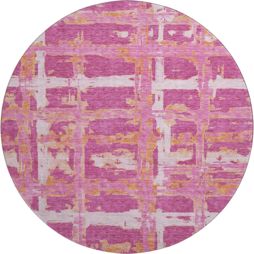8' Blush Ivory And Orange Striped Washable Round Rug With UV Protection Photo 1