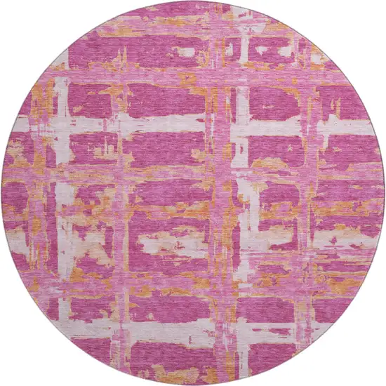 8' Blush Ivory And Orange Striped Washable Round Rug With UV Protection Photo 1