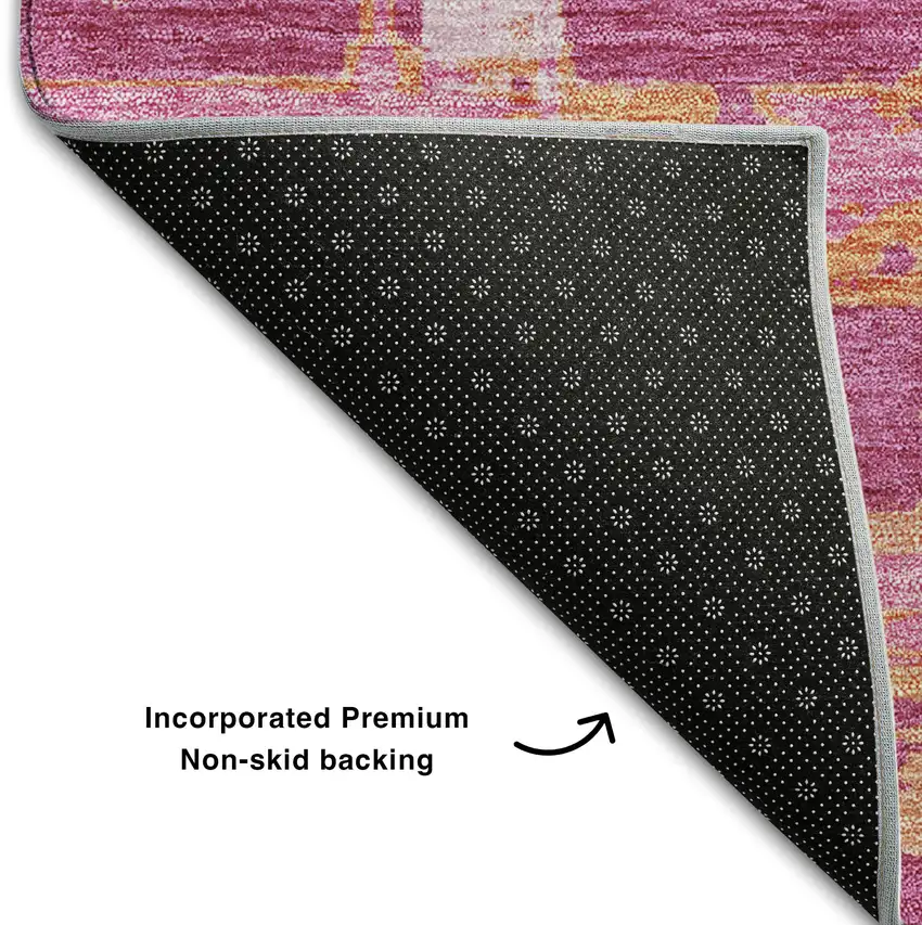 8' Blush Ivory And Orange Striped Washable Round Rug With UV Protection Photo 6