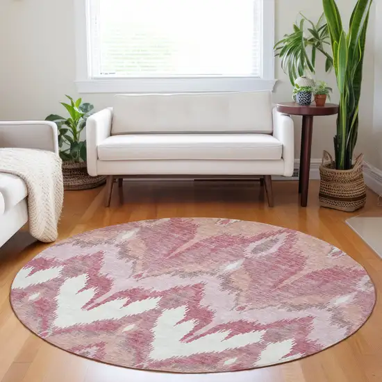 8' Blush Ivory And Pink Ikat Washable Round Rug With UV Protection Photo 5