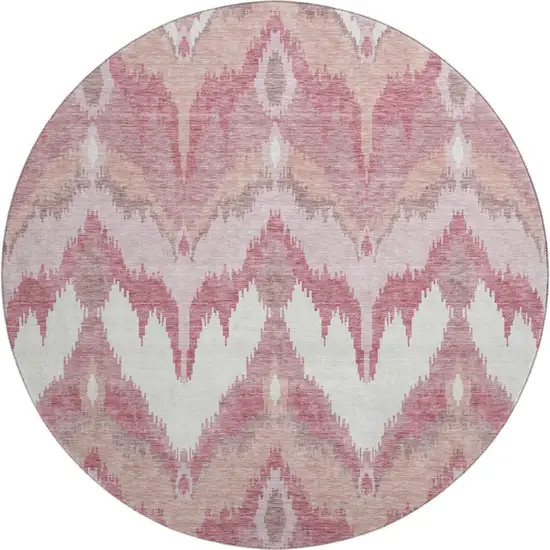8' Blush Ivory And Pink Ikat Washable Round Rug With UV Protection Photo 1