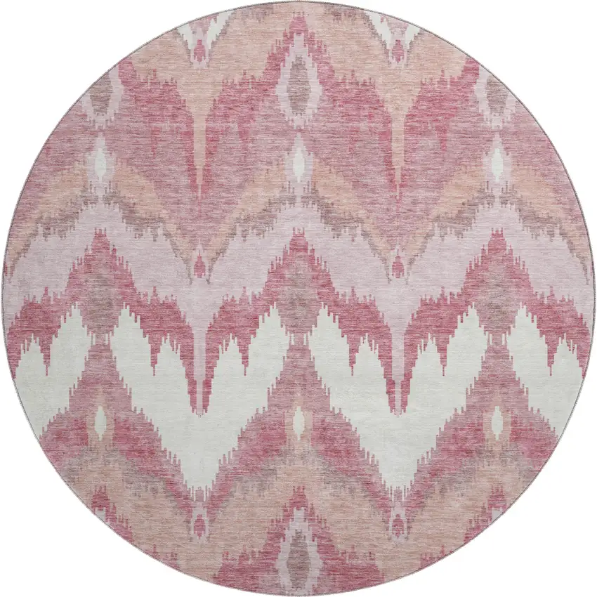 8' Blush Ivory And Pink Ikat Washable Round Rug With UV Protection Photo 1
