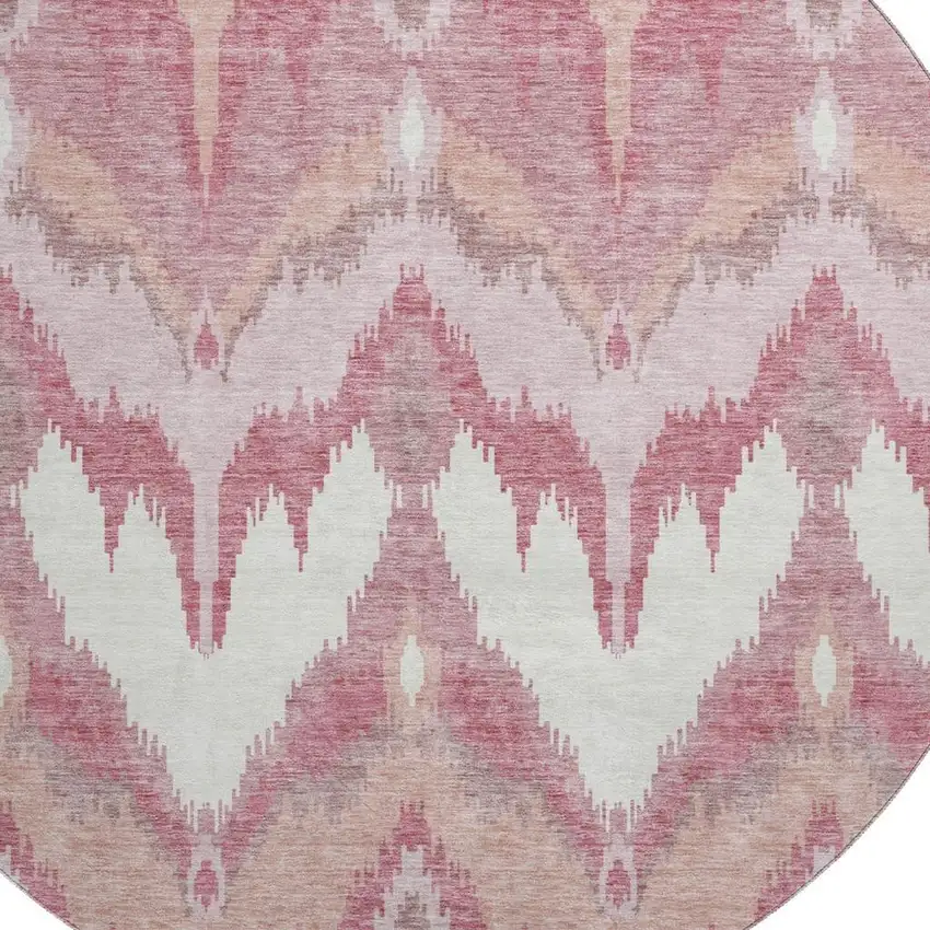 8' Blush Ivory And Pink Ikat Washable Round Rug With UV Protection Photo 3