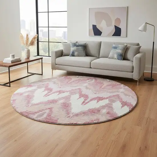 8' Blush Ivory And Pink Ikat Washable Round Rug With UV Protection Photo 2