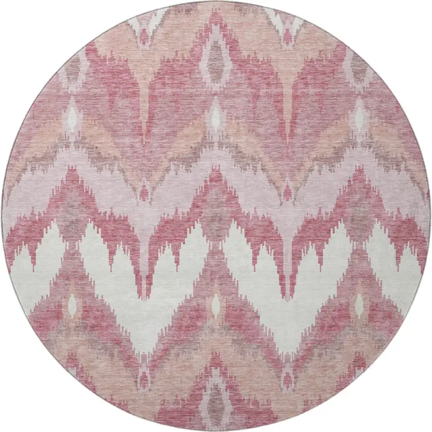 8' Blush Ivory And Pink Ikat Washable Round Rug With UV Protection Photo 4