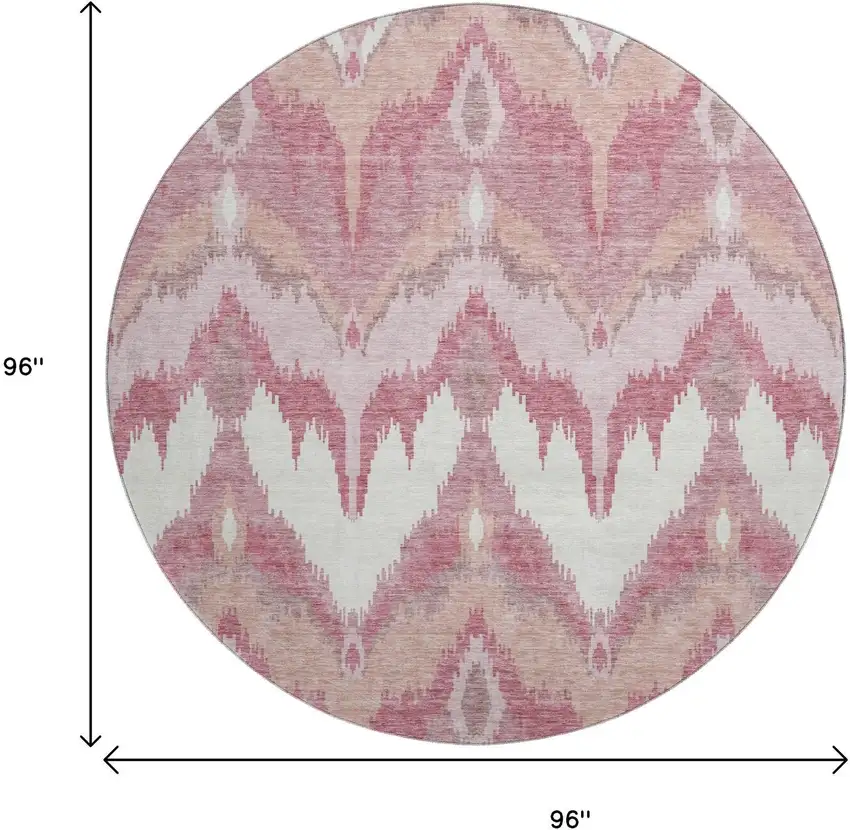 8' Blush Ivory And Pink Ikat Washable Round Rug With UV Protection Photo 3