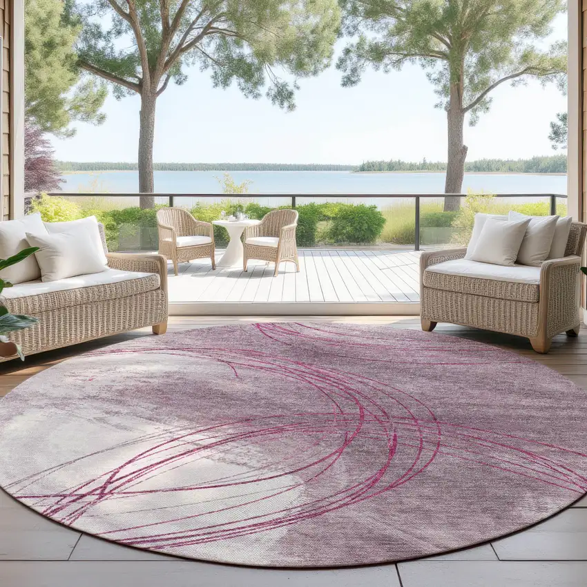 8' Blush Ivory And Pink Round Abstract Washable Indoor Outdoor Area Rug Photo 3