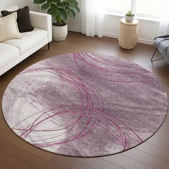 8' Blush Ivory And Pink Round Abstract Washable Indoor Outdoor Area Rug Photo 4