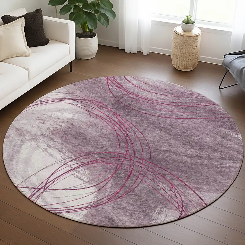 8' Blush Ivory And Pink Round Abstract Washable Indoor Outdoor Area Rug Photo 4