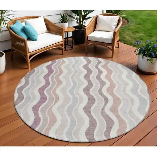 8' Blush Ivory And Taupe Round Striped Washable Indoor Outdoor Area Rug Photo 1