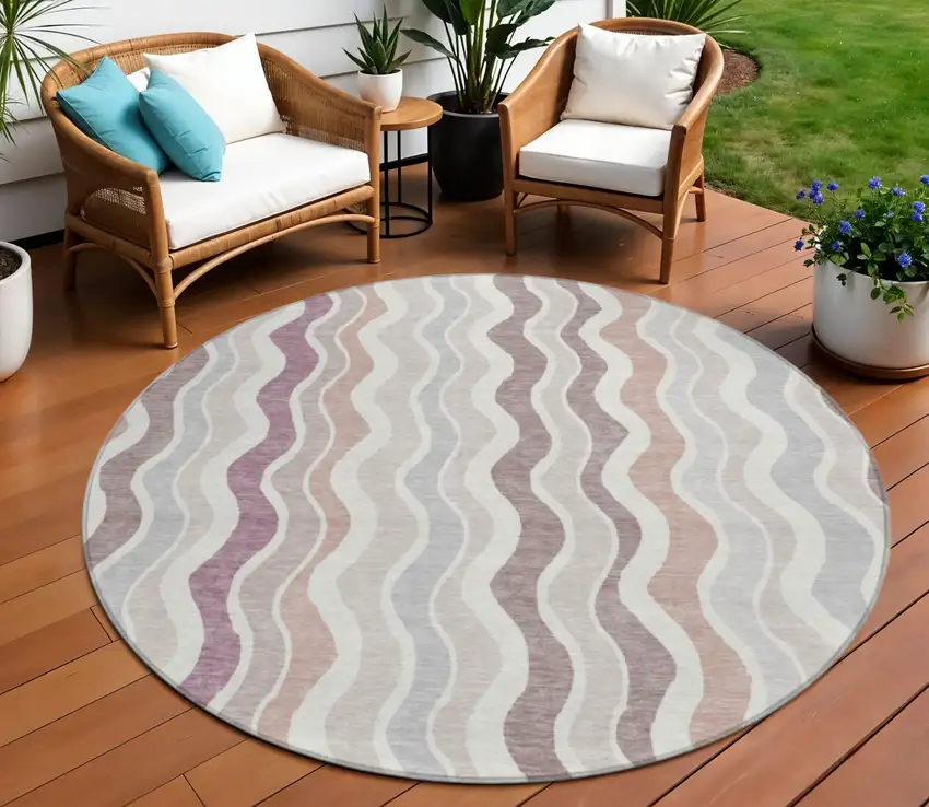 8' Blush Ivory And Taupe Round Striped Washable Indoor Outdoor Area Rug Photo 1