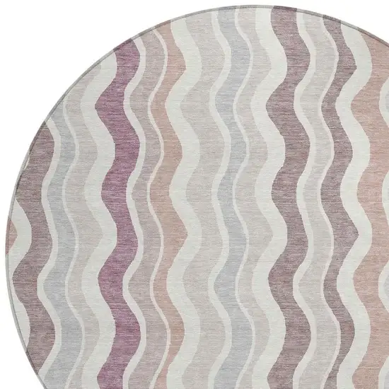 8' Blush Ivory And Taupe Round Striped Washable Indoor Outdoor Area Rug Photo 7