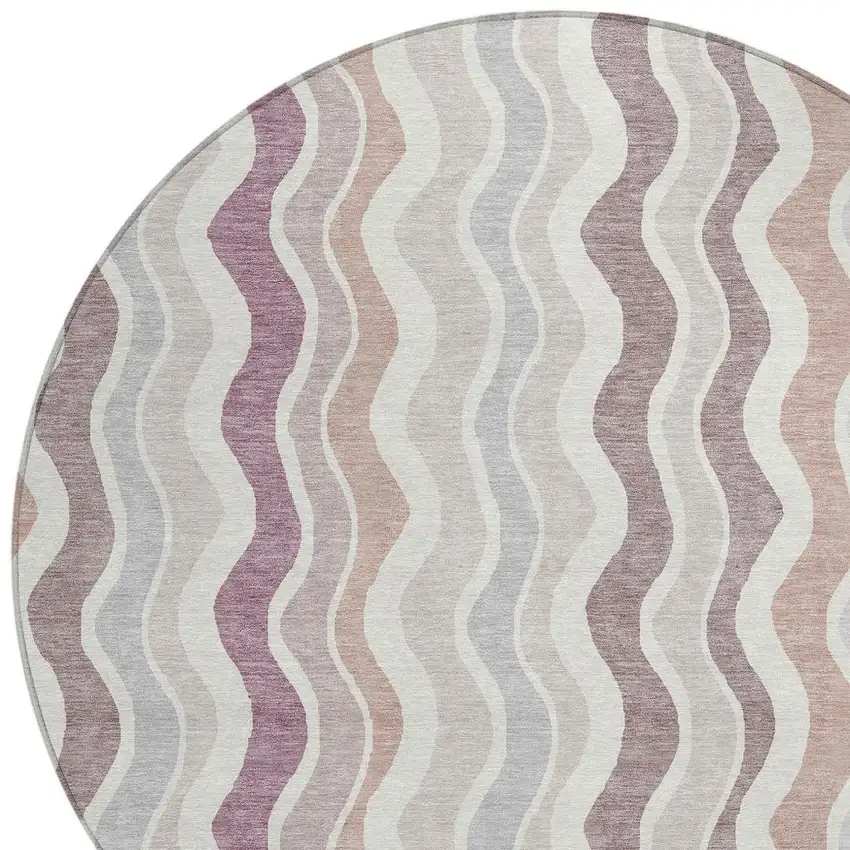 8' Blush Ivory And Taupe Round Striped Washable Indoor Outdoor Area Rug Photo 7