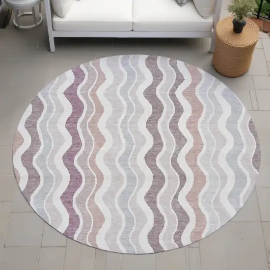 8' Blush Ivory And Taupe Round Striped Washable Indoor Outdoor Area Rug Photo 8