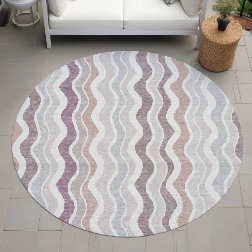 8' Blush Ivory And Taupe Round Striped Washable Indoor Outdoor Area Rug Photo 8
