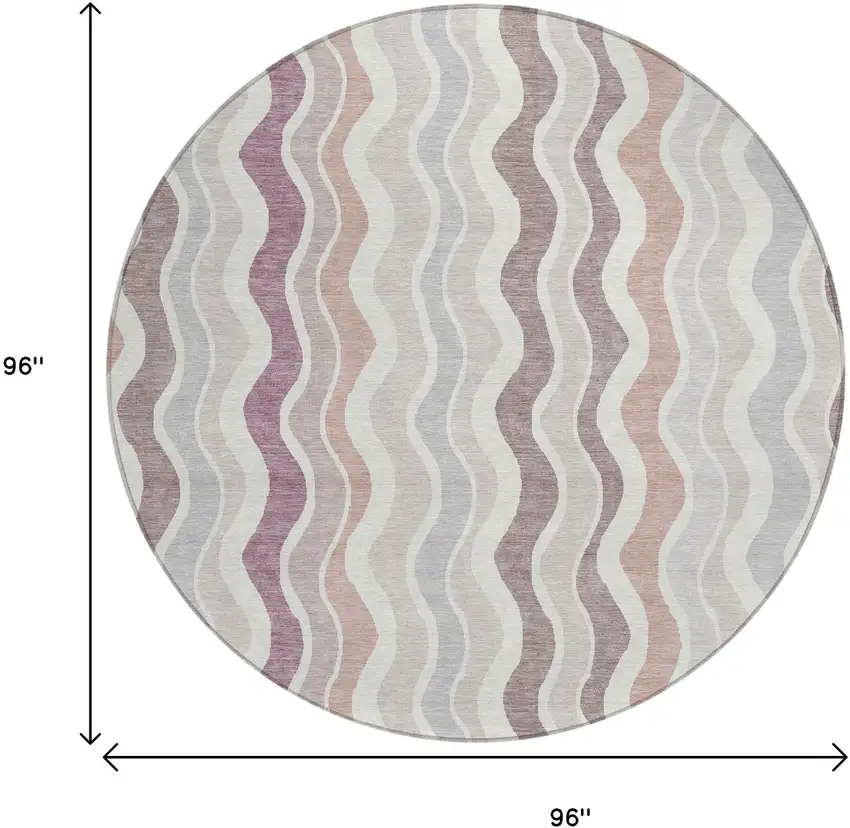 8' Blush Ivory And Taupe Round Striped Washable Indoor Outdoor Area Rug Photo 3