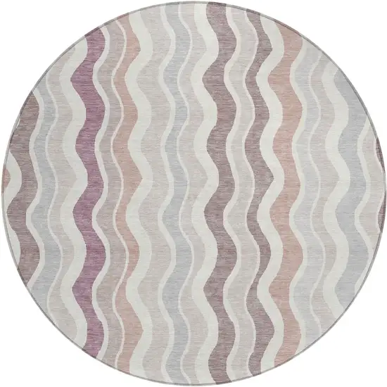 8' Blush Ivory And Taupe Round Striped Washable Indoor Outdoor Area Rug Photo 2