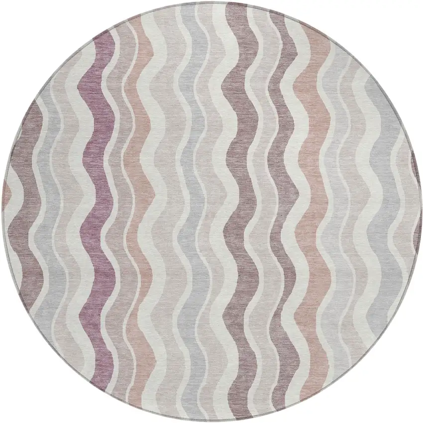 8' Blush Ivory And Taupe Round Striped Washable Indoor Outdoor Area Rug Photo 2