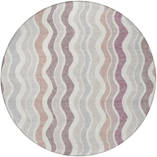 8' Blush Ivory And Taupe Round Striped Washable Indoor Outdoor Area Rug Photo 4