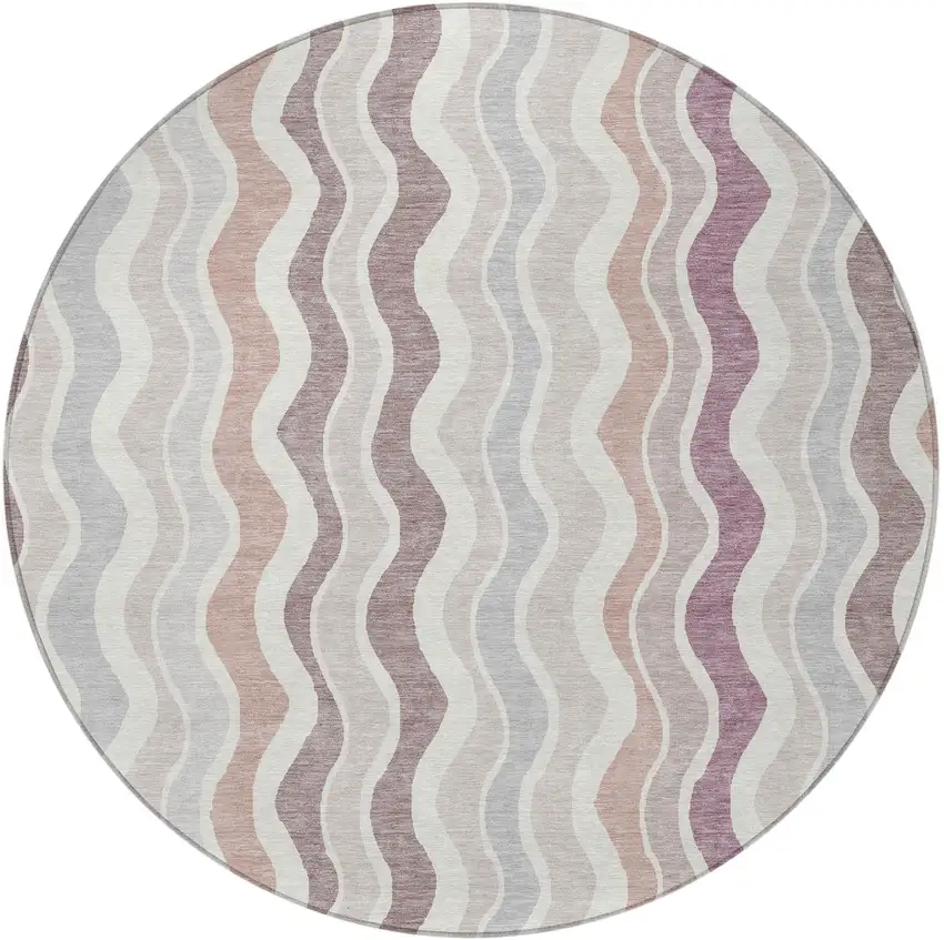 8' Blush Ivory And Taupe Round Striped Washable Indoor Outdoor Area Rug Photo 4