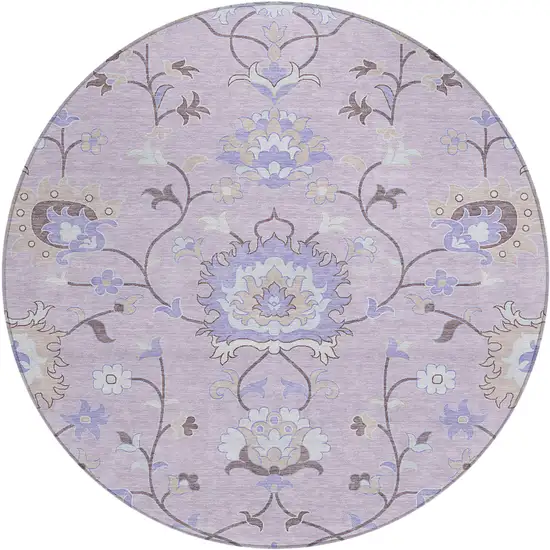 8' Blush Lavender And Beige Round Floral Washable Indoor Outdoor Area Rug Photo 2