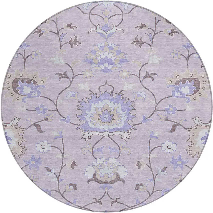 8' Blush Lavender And Beige Round Floral Washable Indoor Outdoor Area Rug Photo 2