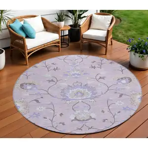 Photo of 8' Blush Lavender And Beige Round Floral Washable Indoor Outdoor Area Rug