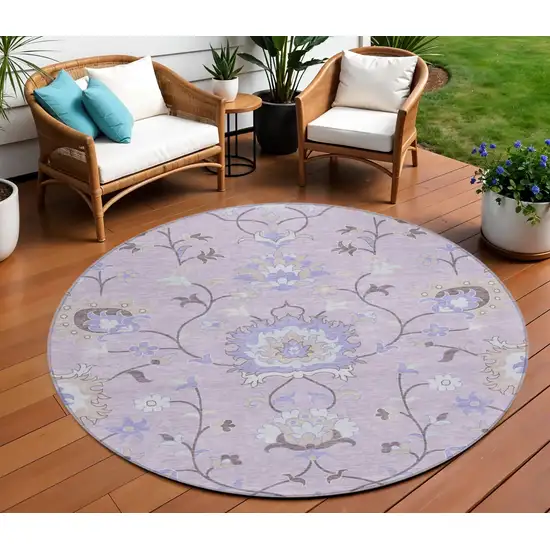 8' Blush Lavender And Beige Round Floral Washable Indoor Outdoor Area Rug Photo 1