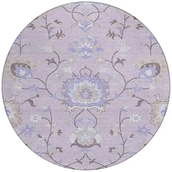 8' Blush Lavender And Beige Round Floral Washable Indoor Outdoor Area Rug Photo 4