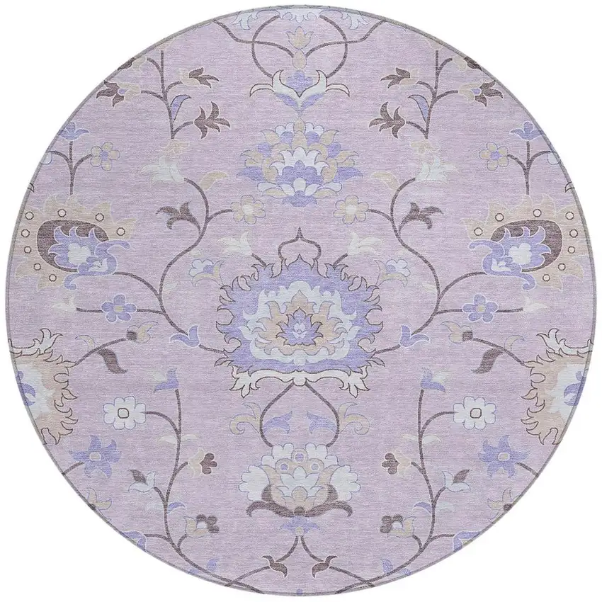 8' Blush Lavender And Beige Round Floral Washable Indoor Outdoor Area Rug Photo 4