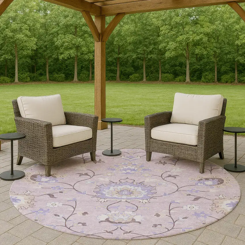 8' Blush Lavender And Beige Round Floral Washable Indoor Outdoor Area Rug Photo 8