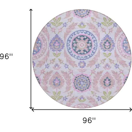 8' Blush Lavender And Purple Round Floral Washable Indoor Outdoor Area Rug Photo 8