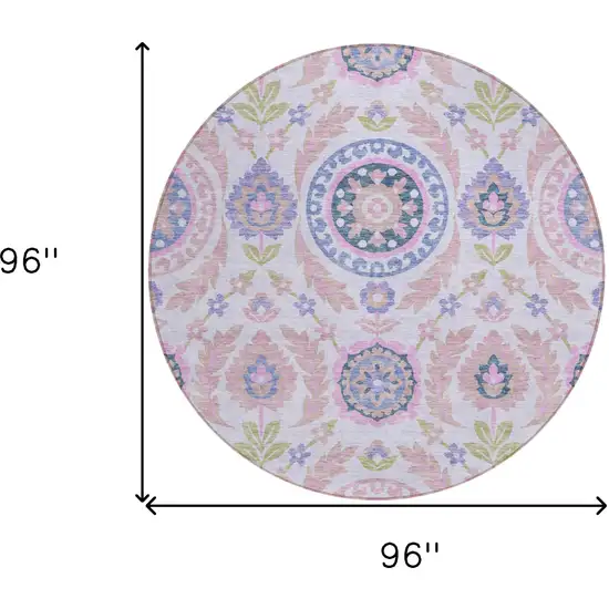 8' Blush Lavender And Purple Round Floral Washable Indoor Outdoor Area Rug Photo 8