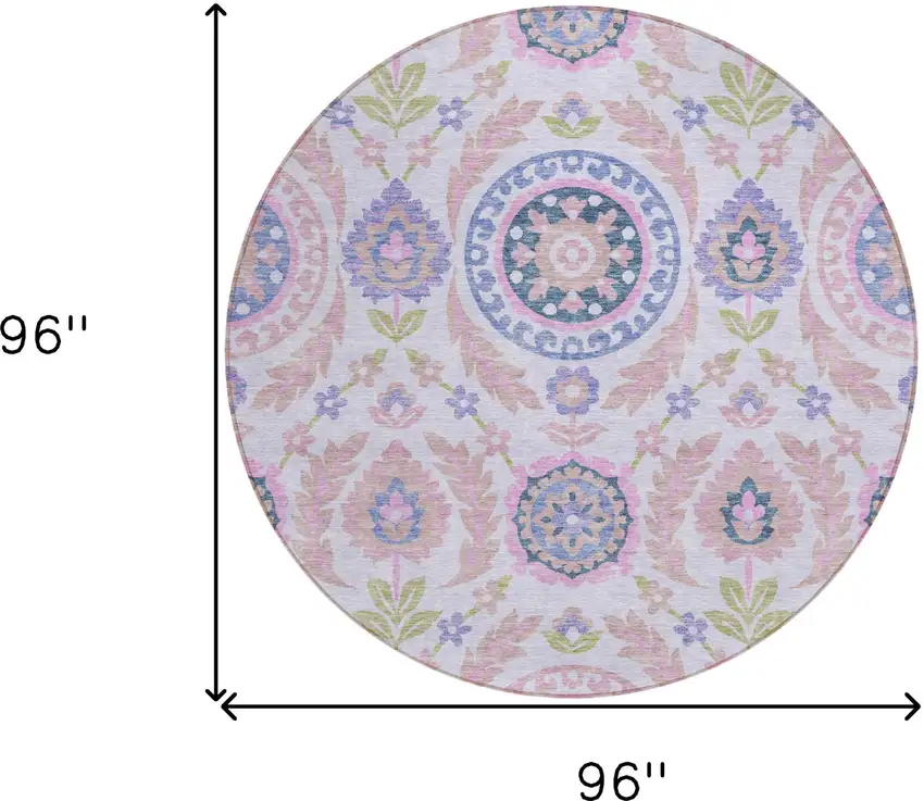 8' Blush Lavender And Purple Round Floral Washable Indoor Outdoor Area Rug Photo 8