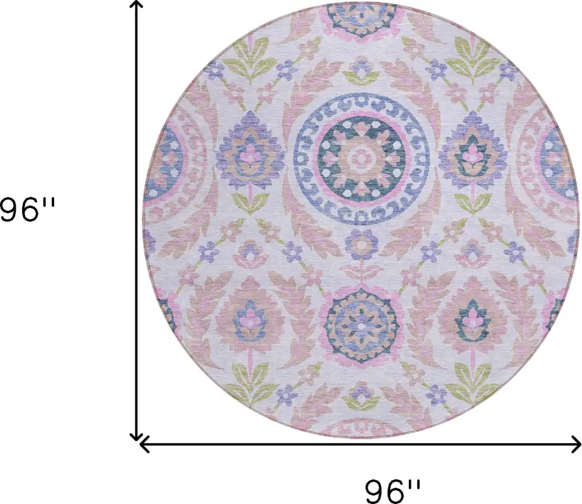 8' Blush Lavender And Purple Round Floral Washable Indoor Outdoor Area Rug Photo 8