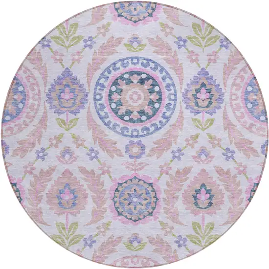 8' Blush Lavender And Purple Round Floral Washable Indoor Outdoor Area Rug Photo 1
