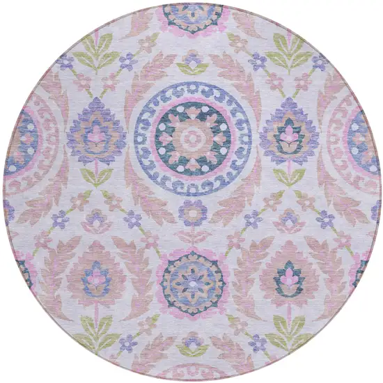 8' Blush Lavender And Purple Round Floral Washable Indoor Outdoor Area Rug Photo 1